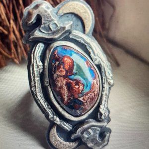 Handmade Witch Ring - Sterling Silver and Mexican Fire Opal